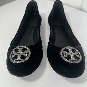 Tory Burch Reva Black Velvet ballet Flat crystal logo Size 8M EU38